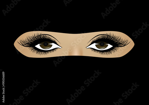Muslim woman face in hijab close-up on a full frame, horizontal, vector illustration