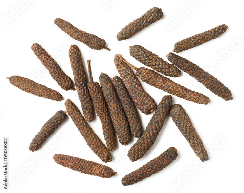 Bilde på lerret dried long pepper, piper longum isolated on white, top view