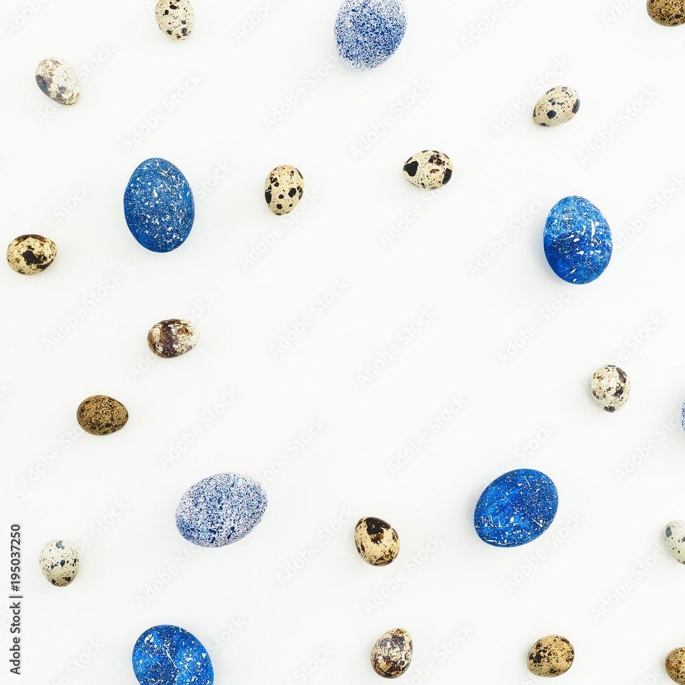 Round frame with quail and blue Easter eggs isolated on white background. Flat lay, Top view. Easter concept. Round frame with quail and blue Easter eggs isolated on white background. Flat lay, Top view. Easter concept.