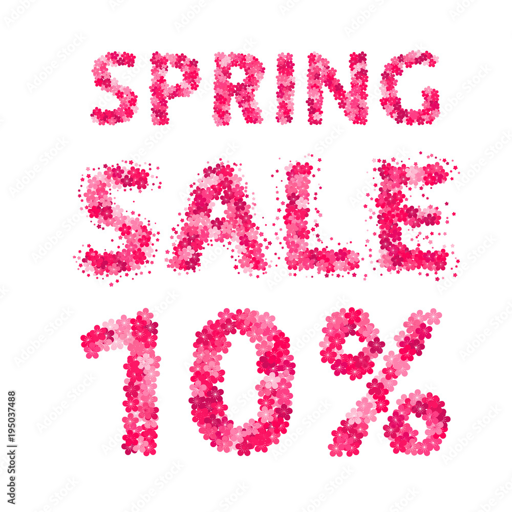 Spring sale banner. 10% discount sign. Numbers and letters made of flowers. Easy to edit vector design template. Spring sale banner. 10% discount sign. Numbers and letters made of flowers. Easy to edit vector design template.