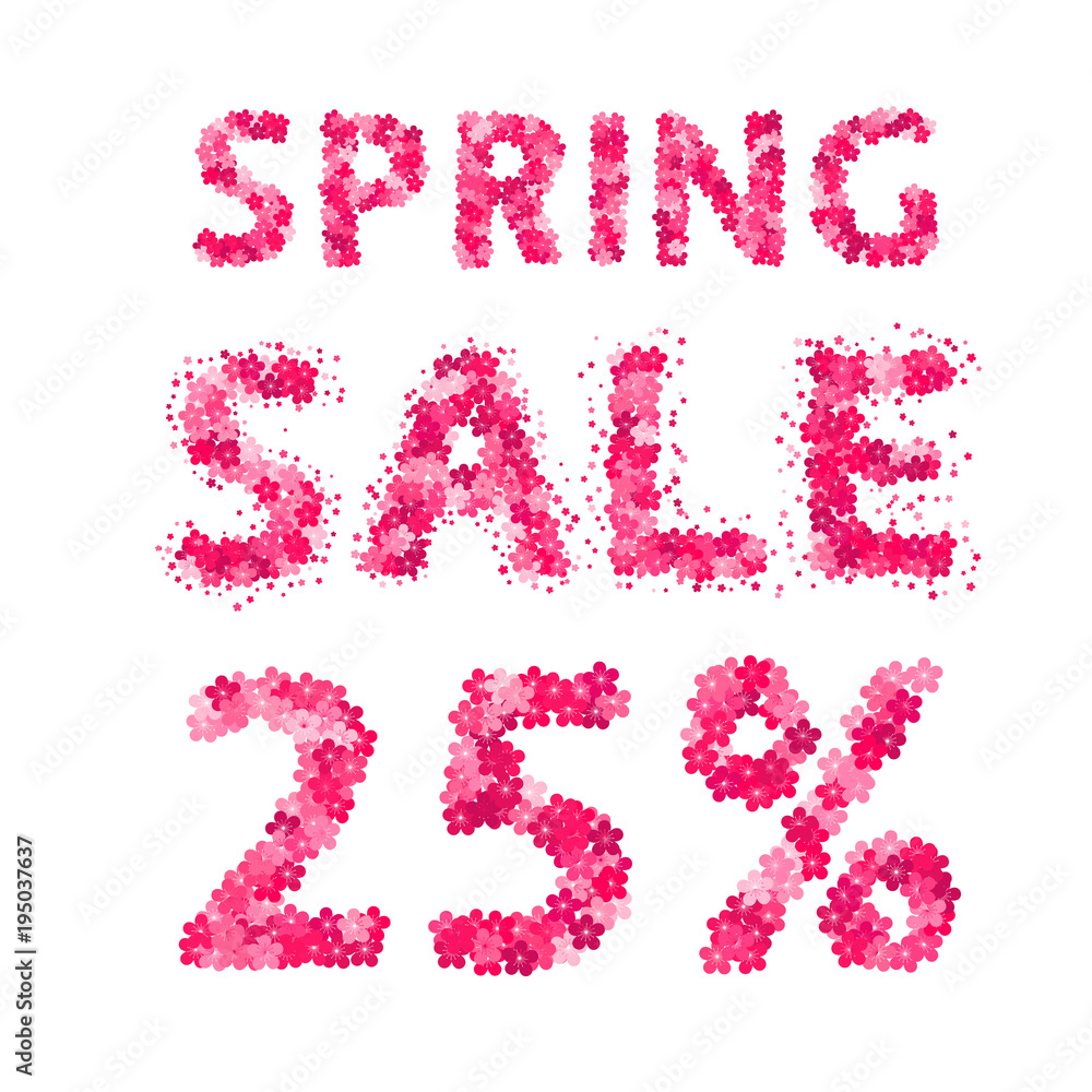Spring sale banner. 25% discount sign. Numbers and letters made of flowers. Easy to edit vector design template. Spring sale banner. 25% discount sign. Numbers and letters made of flowers. Easy to edit vector design template.