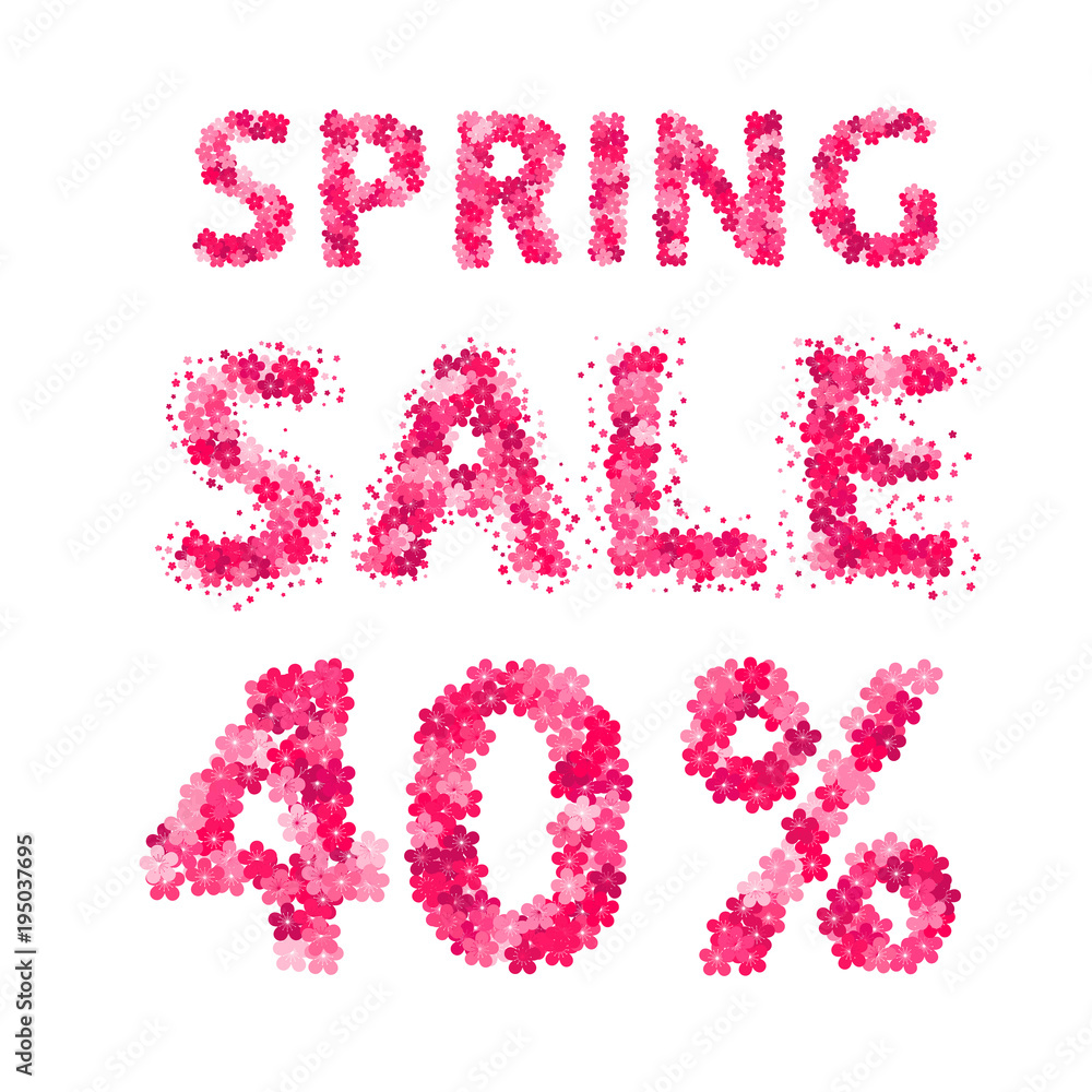 Spring sale banner. 40% discount sign. Numbers and letters made of flowers. Easy to edit vector design template. Spring sale banner. 40% discount sign. Numbers and letters made of flowers. Easy to edit vector design template.
