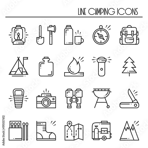 Hiking and Camping Line Icons Set. Outdoor Camp Sign and Symbol. Backpacking Adventure.