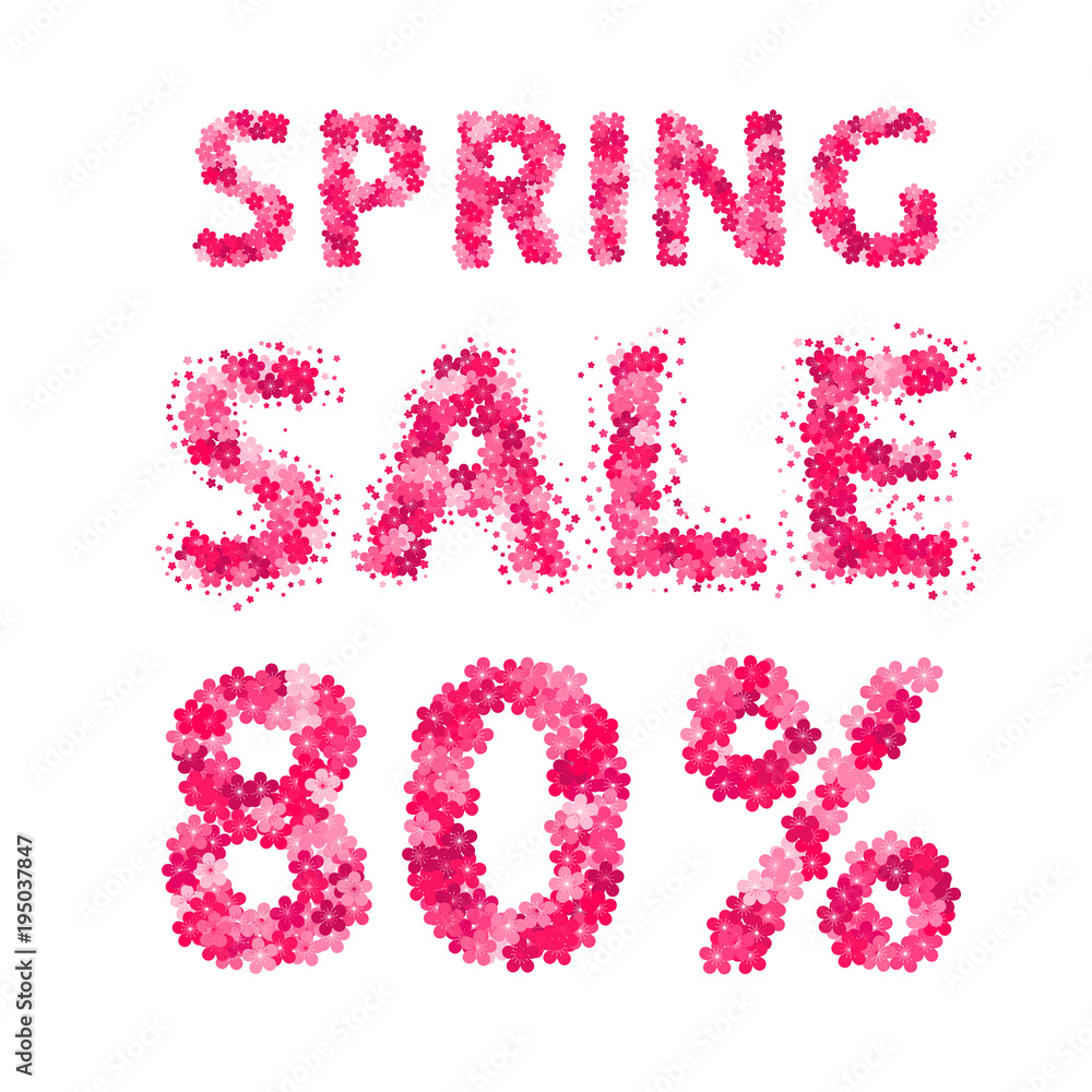 Spring sale banner. 80% discount sign. Numbers and letters made of flowers. Easy to edit vector design template.