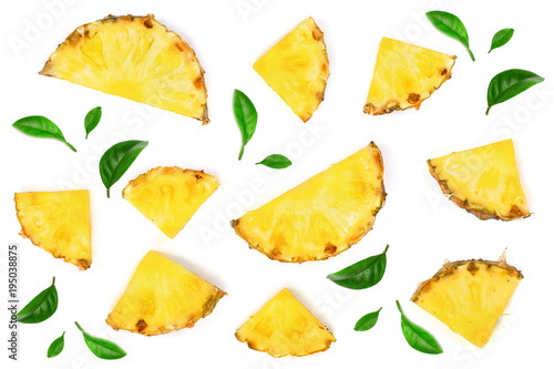 Sliced pineapple with green leaves isolated on white background. Top view. Flat lay pattern