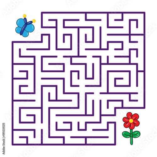 Labyrinth for children. Butterfly flies to the flower through a maze on a white background. Vector flat illustration