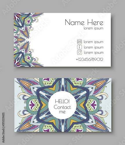 Creative template for designer, photographer or studio. Vector editable pattern with front and back side visit cards. Busines card vith mandala arabesque design doodle and brightful colorful warm