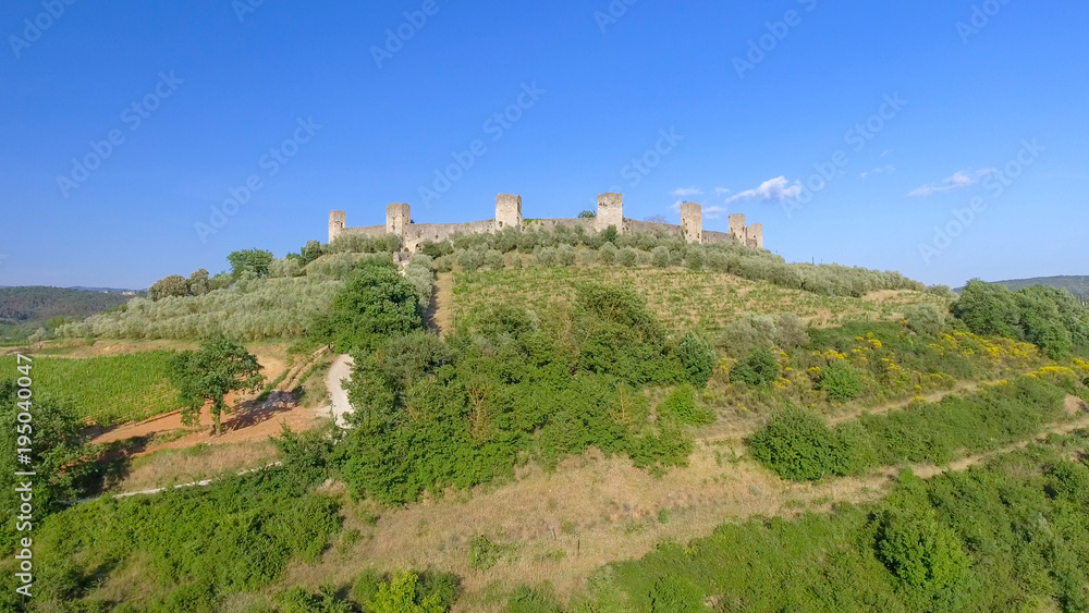 Monteriggioni, Tuscany. Awrial panoramic view of city and countryside