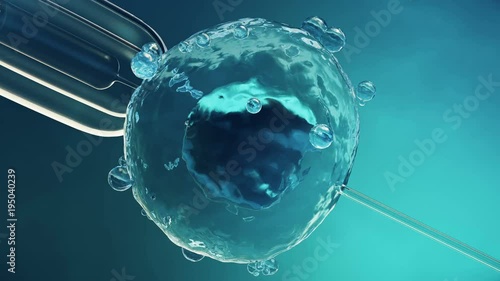 Artificial insemination in a scientific laboratory under a close-up view microscope. Fertilization of an egg cell, ovum, ovule. Concept origin of a new organism, life. 4K 3D animation