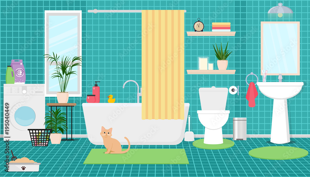 Interior of the bathroom with shower, washing machine, toilet and sink. Vector flat illustration. Interior of the bathroom with shower, washing machine, toilet and sink. Vector flat illustration.