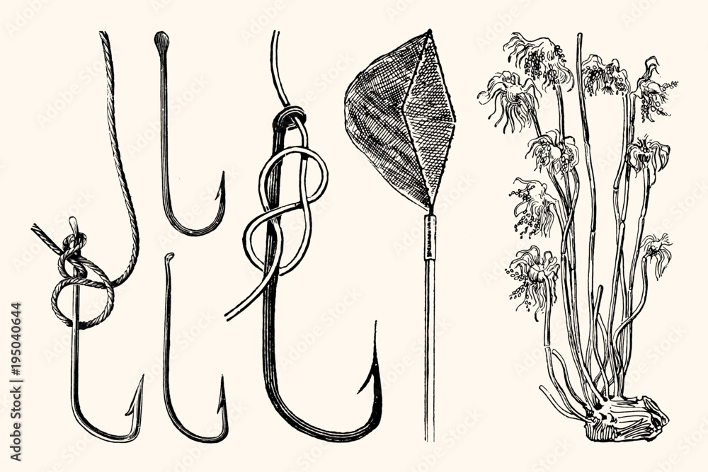 Vintage Nautical Fishing Hook and Net Vector Illustration Set
