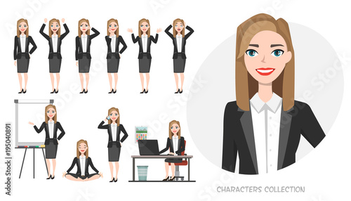 Set of emotions and poses for business woman.Young girl in office suit experiences different emotions and poses