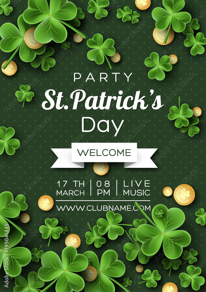 St. Patrick's Day party poster. Clover leaves with coins on green background for greeting holiday design, invitation template. Vector illustration. - obrazy, fototapety, plakaty 