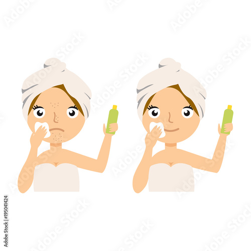 Young woman applying moisturizer cream on her face set. vecror, smiling woman receiving spa treatments. Grooming himself