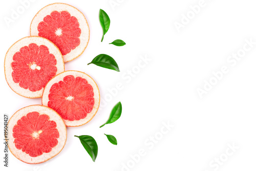 Grapefruit slices isolated on white background with copy space for your text. Top view. Flat lay pattern