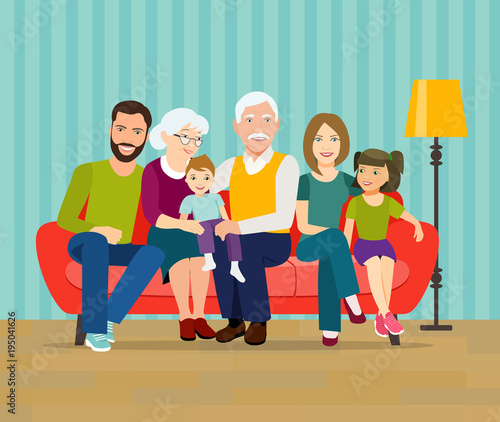 Smiling young parents  grandparents and their children on sofa in the living room. Vector flat style illustration.