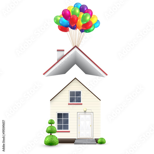 Realistic house with colorful balloons, vector.