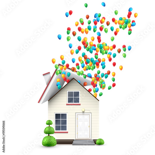 Realistic house with colorful balloons, vector.