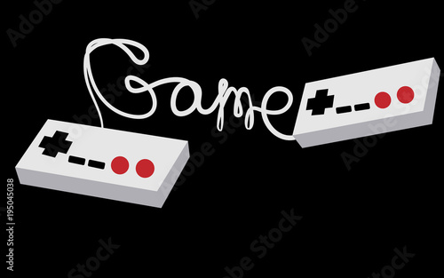 Two gray old retro hipster joysticks manipulators remotes from the 80's, 90's for video game consoles and an inscription game written by a wire on a black background. Vector illustration