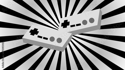 Two black and white old retro antique vintage hipster joysticks manipulators remotes from the 80's, 90's for a game console for video games on a background of black and white rays. Vector illustration