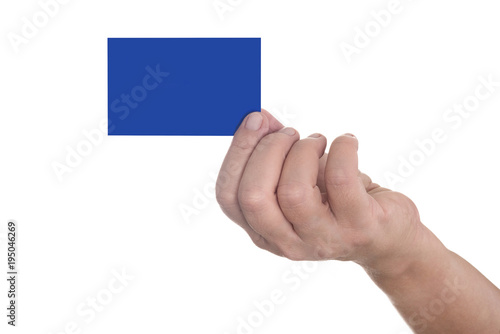 Right hand holds blank blue business card from below - isolated on white background with copy space