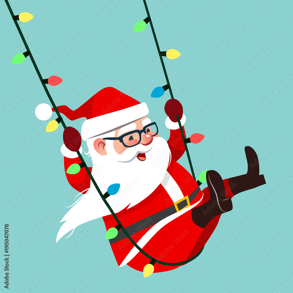 Vector cartoon character illustration of Santa Claus swinging on a string  of colorful Christmas lights, isolated on aqua blue background. Funny  humorous Christmas holiday design element in flat style. Stock ベクター