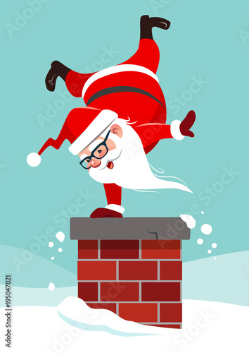 Vector cartoon character illustration of cute funny Santa Claus doing a handstand on chimney. Humorous Christmas winter holiday greeting card design element in contemporary flat style.