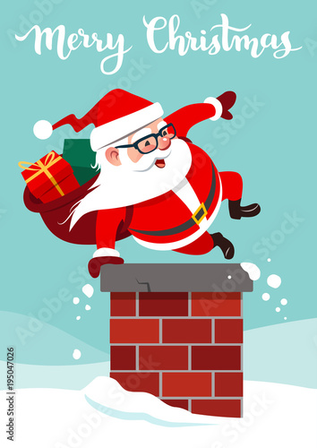 Vector cartoon illustration of funny cute Santa Claus with backpack full of gifts, jumping into a chimney doing  hand vault. Christmas festive holiday theme design element in contemporary flat style.