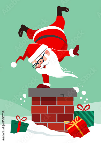 Vector cartoon illustration of Santa Claus on house roof doing handstand on chimney, with colorful wrapped presents lying around in snow. Funny humorous Christmas winter holiday greeting card design