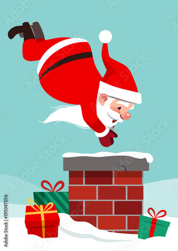 Vector cartoon character illustration of Santa Claus on roof in mid air, diving into chimney, with boxed gifts lying around in snow. Funny humorous Christmas holiday design element in flat style.