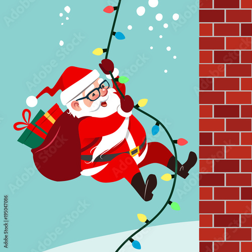 Vector cartoon illustration of cute friendly Santa Claus climbing a rope of string Christmas lights up brick wall carrying bag of gifts. Funny humorous winter holiday flat style design element.