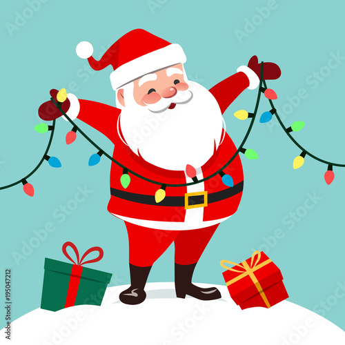 Vector cartoon illustration of cute smiling Santa Claus standing in snow holding garland string of twinkle lights with multicolored bulbs.  Festive Christmas holiday greeting card element, flat style.