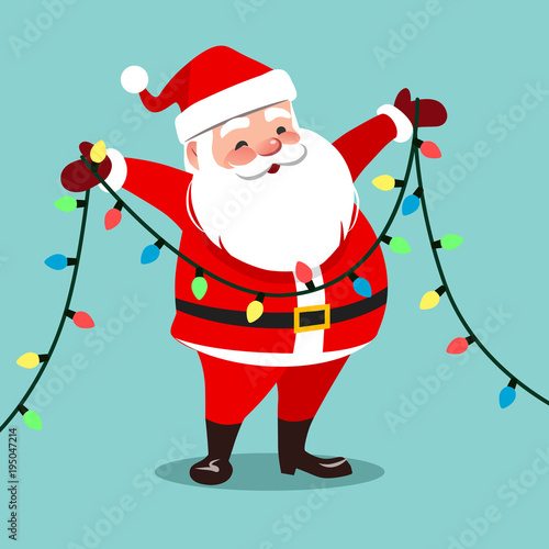 Vector cartoon illustration of happy smiling Santa Claus holding a string light garland decoration with multicolored bulbs. Christmas winter holidays festive design element, isolated on aqua blue.