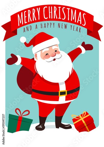 Vector cartoon illustration of cute smiling Santa Claus standing with gift sack on back, gift boxes around, red ribbon banner with text "Merry Christmas and a happy new year". Holiday greeting card.