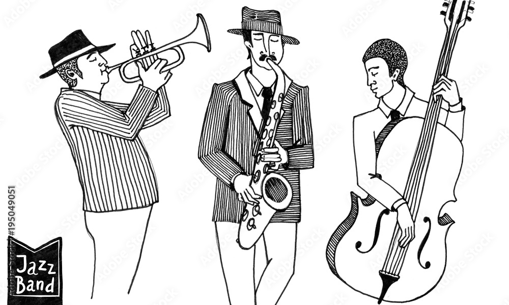 Black and white sketch of trio players. Jazz Men in a striped jacket plays  on the musical instruments. Stock Illustration | Adobe Stock