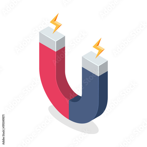 Magnet with Magnetic Power Isolated on White Background. Isometric Vector Illustration