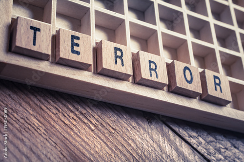 Macro Of The Word Terror Formed By Wooden Blocks In A Typecase photo