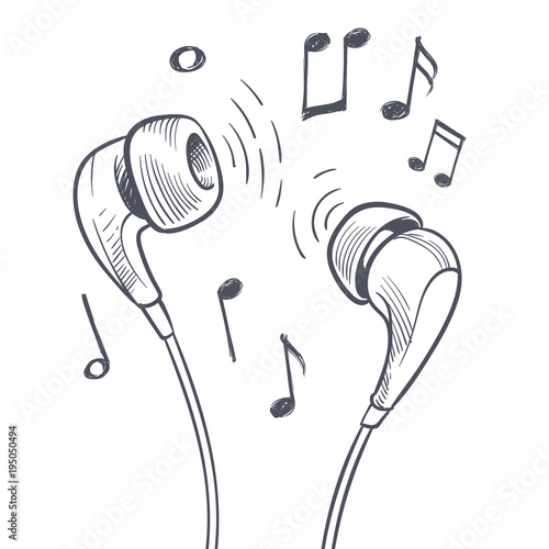 Hand drawn headphones and musical notes doodles electronic music vector concept