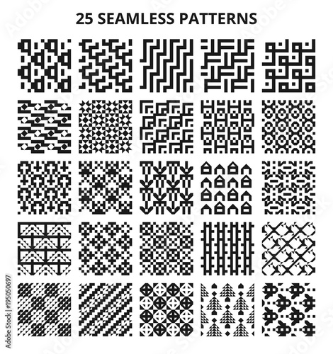 Abstract geometric seamless black and white vector patterns. 25 repeating retro textures