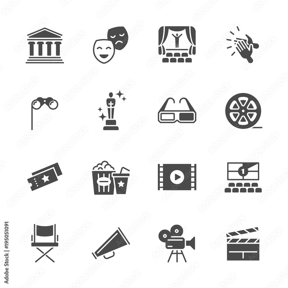 Hollywood movie, theater performance and entertainment vector icons