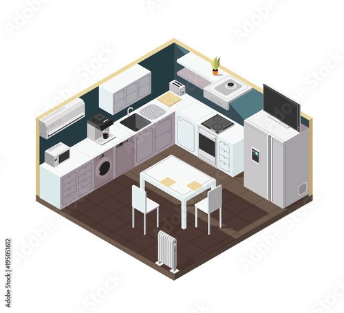 Isometric 3d kitchen interior with household appliance, equipment and furniture vector illustration