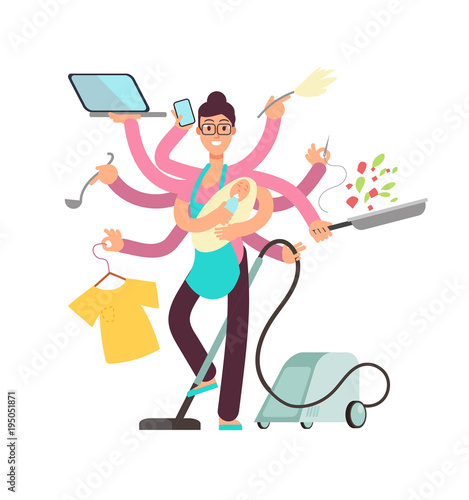 Super busy mother working and cooking simultaneously vector concept