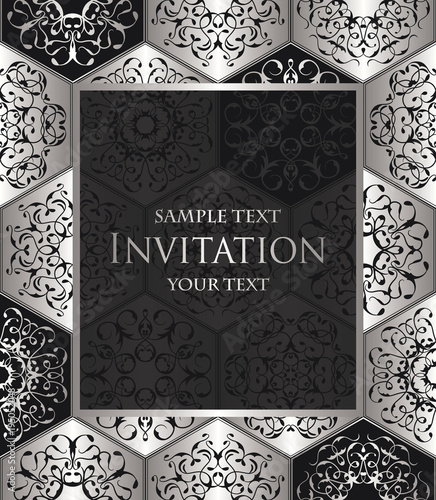 Vintage invitation with diamond ornament. Vector jewelry seamless pattern. Luxury design in silver