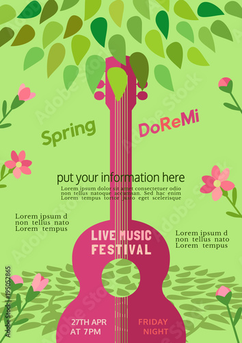 Template Design Poster with acoustic guitar silhouette spring green leaves. Design idea Live Music Festival show promotion advertisement. Seasonal event background vector vintage illustration A4 size