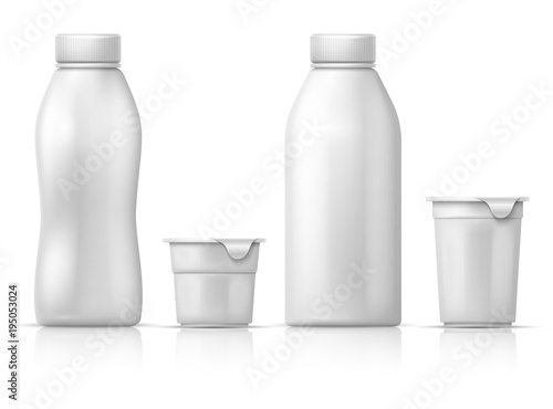 White blank round plastic yogurt can, container and bottles. Vector packaging mockup for dairy milk products