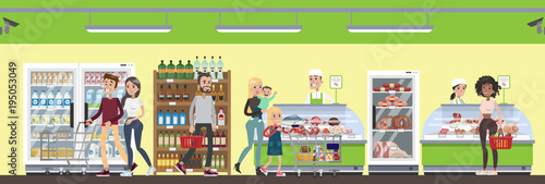 Supermarket interior illustration.