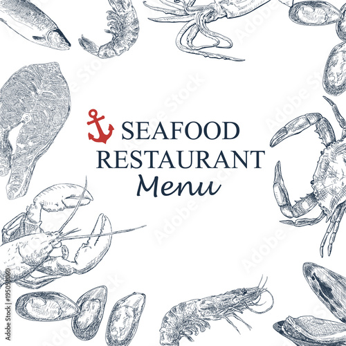 Vintage seafood frame vector illustration. Hand drawn with ink.