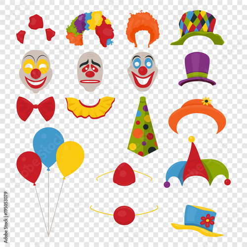 Vector Party Birthday or 1th april - Fool s Day - photo booth props. Hats, wigs, neckties, clown noses, masks, balloons and cylinder icon set isolated on transparency grid background. Clipart, design