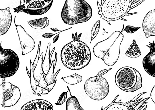 Healthy fruit hand drawn seamless vector texture.Botanical pattern of lemon, peach, pear, pomegranate and dragon fruit.