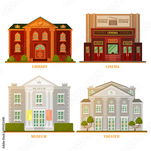 City architecture: cinema, theater, museum and library buildings in vector can be used in business plans or real estate sphere.